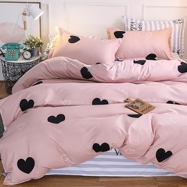 Nayoroom Bed Linen Hearts 135 x 200 cm Pink and Black Heart Pattern Duvet Cover, 2-Piece Microfibre Striped Reversible Bed Linen Set and Pillowcase 80 x 80 cm with Zip