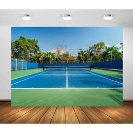 CORFOTO 7x5ft Empty Tennis Court Backdrop Blue and Green Sport Field Modern Tennis Court Stadium Background for Sport Game Active Outdoor Party Decorations Adults Athletes Photo Studio Props