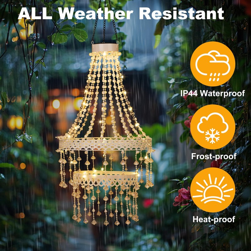 Hanging Solar Light Lantern Outdoor with Warm Crystal Chandelier Double
