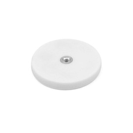 White Rubber Coated POS Magnets for Retail Fixing and Holding Heavy Objects - 43mm dia x 6mm High c/w M4 Boss Thread Flush x 3mm deep - 8kg Pull