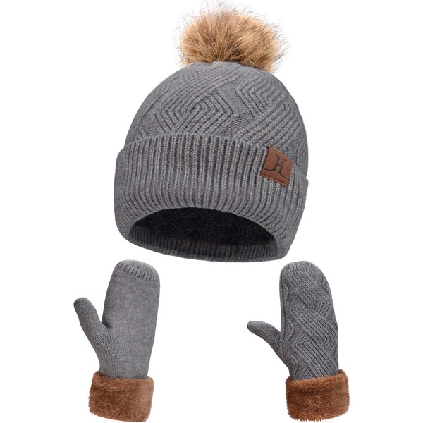 Maylisacc Thermal Knitted Pom Pom Skull Cap and Gloves with