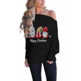 INFITTY Women's Oversized Christmas Shirts Off The Shoulder Tops Long Sleeve Graphic Pullover Swerters Black Santa Check L