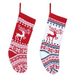Christmas Stockings, Santa Stockings, 2, 46 cm, Large Knitted Christmas Stocking, Santa Boots for Filling, Christmas Socks for Hanging, Fireplace, Christmas Tree Christmas Decoration (Red + White Elk)