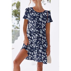 nclook Womens 2025 Summer Casual Dress Crew-Neck Short Sleeve Mini Dress with Pockets Blue Print