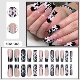 24Pcs French Press on Nails, Black French Butterfly Knot with Pearls Fake Nails Stick on Nails for Women Girls Nail Art Accessories