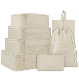 7 Set Packing Cubes Travel Organizer Set Fordable Compression Suitcase Packing Cubes Waterproof Luggage Organizer with Shoe Bag & Laundry Bag,Beiges