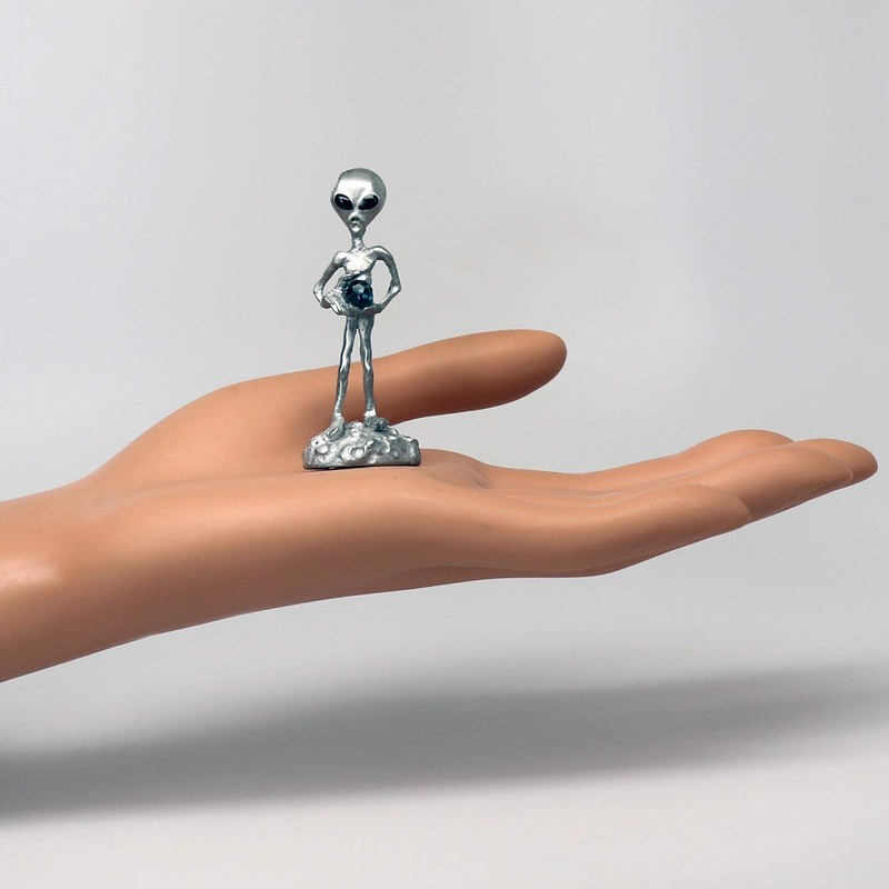 UFO Alien Holding Faceted Crystal Ball Pewter Statue