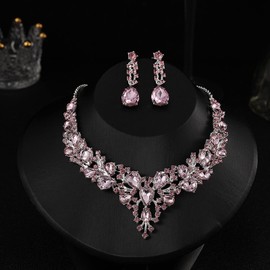 GKMJ Conjunto de Joyería para Mujer, Collar Mujer, Conjunto de Collar y Pendientes de Cristal de Boda, Nupcial Gargantilla Collares Colgante Joyas para Mujeres y Novias (Rosa)
