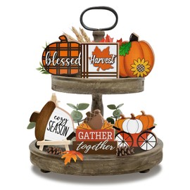 Guoofu 7 Pcs Fall Thanksgiving Tiered Tray Decor, Autumn Harvest Blessed Pumpkin Acorn Farmhouse Wood Decorations Set, Gather Together Maple Leaves Rustic Wooden Decorative Signs for Home Table Shelf