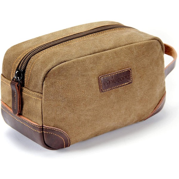 emissary Men's Toiletry Bag Leather and Canvas Travel Toiletry Bag Dopp Kit for Men Shaving Bag for Travel Accessories (Brown)