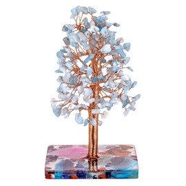 mookaitedecor Natural Aquamarine Healing Crystal Money Tree with Colourful Agate Chakra Crystals Base, Tree of Life Feng Shui Gem Stone Tree Ornament Blue Room Decor Reiki Crystal Gift for Friend