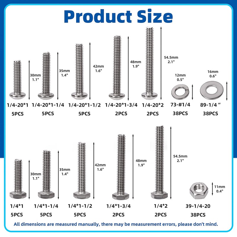 Glarks 152Pcs 1/4"-20 Phillips Pan Head Screws & 1/4" Outer