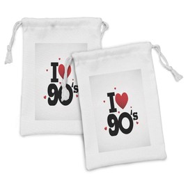 Lunarable 90s Fabric Pouch Set of 2, I Love 90s Illustration with Hearts Decade Old Days Best Times, Small Drawstring Bag for Toiletries Masks and Favors, 9" x 6", Pale Grey Red Black