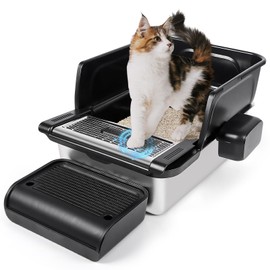 Bartuke Stainless Steel Litter Box XXL, Extra Large 23.6“L x 15.8”W x 11.8" H High Sided Metal Cat Litter Box with One-Piece Scoop, Filter Pedal, Garbage Bags & Storage Box, Easy Cleaning (Black)