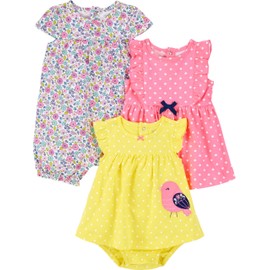 Simple Joys by Carter's Baby Girls' 3-Pack Romper, Sunsuit and Dress, Pink Dots/White Floral/Yellow Bird, 18 Months