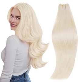 RUNATURE Weft Real Hair Extensions 50 cm White Blonde Real Hair Extensions Wefts Invisible 1 Piece 100 g Human Hair Weft Extensions Platinum Blonde Colour #800