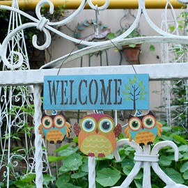 E-view Owls Welcome Sign Wooden Hanging Welcome Door Sign for Porch Patio - Wood Door Décor Home Garden Decorative Wall Ornament (Set of 3)