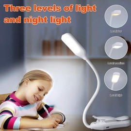 QEBIDUM Clip On Book Reading Light for Bed, Clamp On Book Light with 5 LED Eye Care, 3 Color Changeable, Battery Operated USB Rechargeable Bendable Night Book Light Reading Lamps for Bed Study White