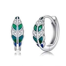 POPLYKE Green Leaf Earrings 925 Sterling Silver Small Hoop Earrings for Women Leaf Jewellery, Sterling Silver, Cubic Zirconia