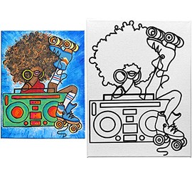 Indigo Art Studio Pre Drawn Canvas Painting for Adults Kids Couples | Streched & Stenciled Canvas Art Activity | Skate Girl Retro | DIY Birthday Gift & Adult Sip and Paint Twist Party Favor | 11x14