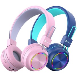 iClever Kids Bluetooth Headphones LED Light Up with Safe Volume,35H Playtime, Stereo Sound Mic,Bluetooth 5.4,Foldable,On Ear Kids Wireless Headphones for Tablet/Airplane/Travel, BTH03 Blue&Pink,2 Pack