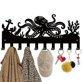 INFUNLY Octopus Black Metal Key Holder for Wall 9.84"×4.45" Ocean Theme Key Holder Wall Mount Octopus Key Holder Rack with 10 Hooks Key Organizer Rack Hanger for Home Entryway Key Bags Umbrella Wallet
