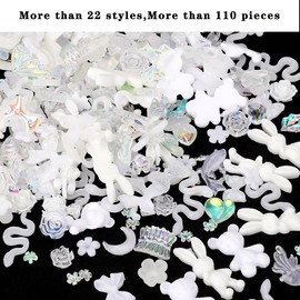 COOSLIM 110 Pieces 3D Nail Charms for Acrylic Nails, Camellia Rose Flower Butterfly Bowknot Heart Bear Rabbit Star Charms for Nail Art Designs DIY Accessories Craft(White)
