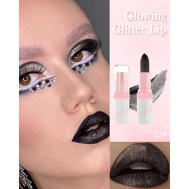 Black Glitter Matte Lipstick,Long Lasting Waterproof Shiny Lip Gloss, Goth Diamond Metallic Sparkling High Pigment Non-Stick Cup Lip stain Tint,Full-Coverage Lip Balm Lip Makeup,Gift for Women Girl-07