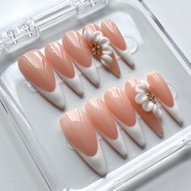 Luxury Press on Nails Long Almond Handmade 3D Unique Reusable ABS Material Fake Nails White French Tip False Nails with Designs Floral Rhinestones Elegant Glossy Glue on Nail Thick Acrylic Nail(S)