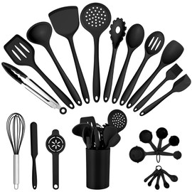 E-far Silicone Cooking Utensils Set, 25 Piece Kitchen Utensils with Holder, Non Toxic Kitchen Tools Spatula, Turner, Spoon, Ladle for Nonstick Cookware, Heat Resistant & Dishwasher Safe - Black