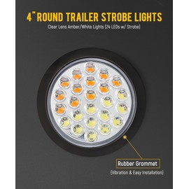 Partsam 4x 4 Inch Round Amber White Strobe Lights Dual Color 24 LEDs Trailer Truck Stop Turn Tail Warning Flash Light With Rubber Grommet 3-Prong Wire Pigtails, 12V, Clear Lens