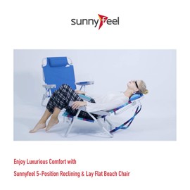 SunnyFeel Extra Wide 28" Low Beach Chair 5 Position Lay Flat, XL Oversized Portable Folding Camping Chairs with Cup Holder for Outdoor/Trip, Lightweight Foldable Backpack Beach Chair for Adults