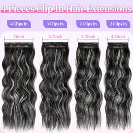 KooKaStyle Clip in Hair Extensions Long Wavy 4PCS Thick Hairpieces Synthetic Highlight Hair Extensions Black and White Mix Fiber Double Weft Natural 20Inch for Women