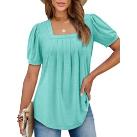 CHICZONE Women Blouse Plus Size Summer Shirts Ladies Short Sleeve Square Neck Tunic Tops Loose Trendy Cute Solid Swing Tops for Leggings Water Green XX-Large
