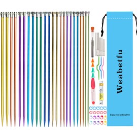 Weabetfu 65pcs Aluminum Metal Knitting Needle Set,Colored Straight Single Pointed Knitting Needles,12 Size 2.5mm-10mm,10inch Length for Handmade DIY Knitting with Knitting Accessories