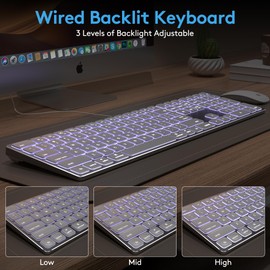 White Aluminum Backlit Keyboard for Apple Mac OS,Plug-N-Play, USB-A/USB-C Wired Keyboard with Numeric Keypad for iMac/Mac mini or MacBook Laptop