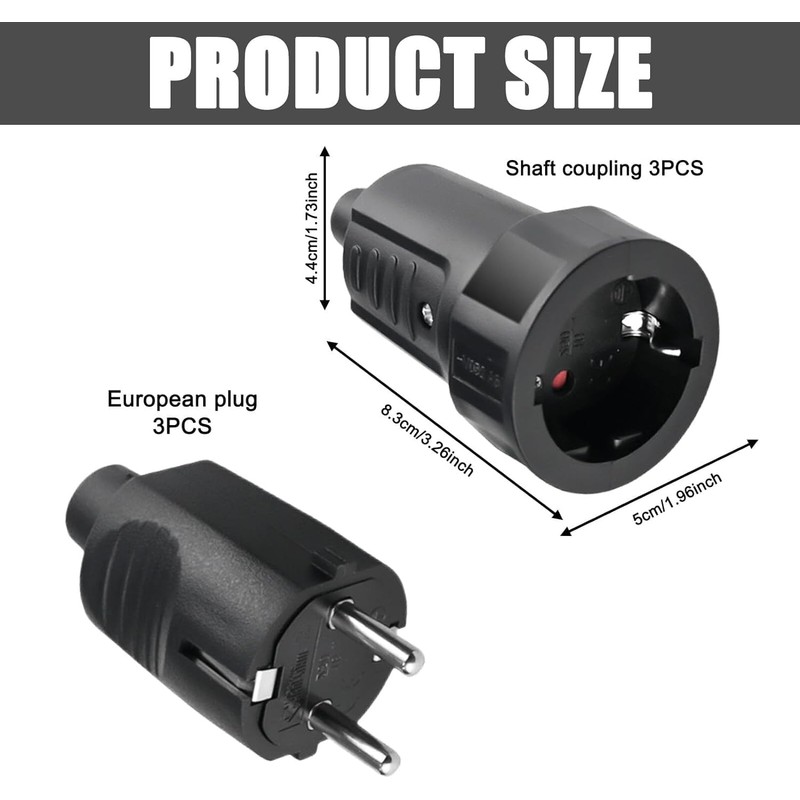 3 Pairs Schuko Plug Coupling: 250V 16A IP44 Protective Contact
