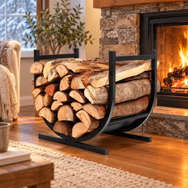 Firewood Log Holder for Indoor Fireplace Storage – Black Metal Curved Rack for Organized Hearths and Living Rooms