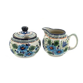 Blue Rose Polish Pottery - Blue Ballina Cream & Sugar Set - 1 Cup Creamer - Hand-Painted Polish Pottery Ceramic Creamer & Sugar Bowl with Lid
