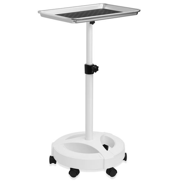 Saloniture Rolling Salon Aluminum Instrument Tray - Portable Hair Stylist Trolley with Mat, White