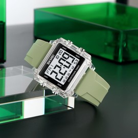 Gosasa Square Men's Women's Digital Watch Big Numbers Dial Waterproof LED Watches for Student Teens (A Green)