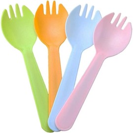 4.3" Mini Disposable Sporks 100ct, Plastic Spork 2-in-1 Utensils, 4 Colors, 25ct Individual Package Per Color - Made by