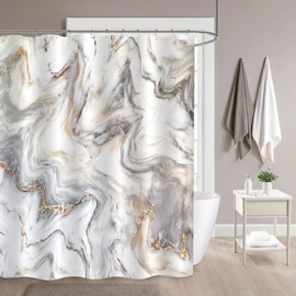 MitoVilla Grey Gold Marble Shower Curtain 72 x 78, Abstract Modern Long Shower Curtain Set with Hooks, Grey Blue Shower Curtain for Bathroom Decor, Fabric Shower Curtain for Standard Bathtub