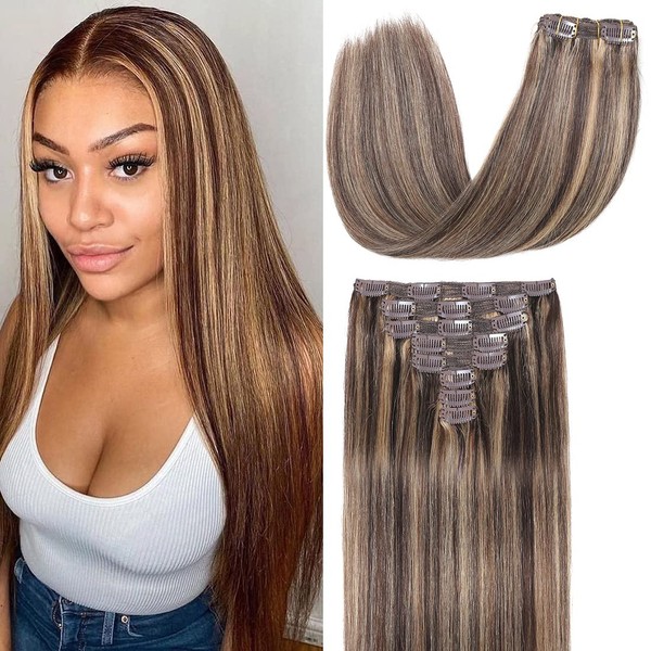 Clip-In Real Human Hair Extensions, 8 Pieces, Straight, Real Remy Human Hair, Full Head Human Hair Extensions, Clip-In Double Weft Real Remy Hair (20 Inches, 4/27 Medium Brown Mix Dark Blonde)