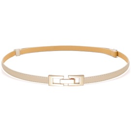 Buywis Skinny Belts for Women Thin PU Leather Waist Belt for Dresses 120CM Beige Band Gold Buckle Fit Waist 34"-45"