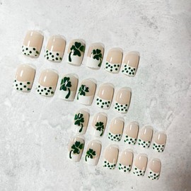 St Patrick's Press on Nail Short Square - French Tip Press on Fake Nails with Polka Dots Green Lucky Shamrocks Designs Full Cover Stick On Nails St. Patrick's Day Nail Decoration for Women Girls 24Pcs