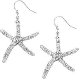 Liavy's Large Starfish Fashionable Earrings - Fish Hook - Sparkling Crystal - Rhodium Plated