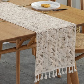 HAPMCH Cream Macrame Boho Table Runner with Tufted Tassels Crochet Wedding Table Runner Lace Vintage Farmhouse and Bohemian Dining Room Butterfly Pattern Home Decorative Art Off-White 12''X87''