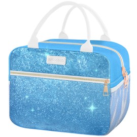 BAOGCOYO Lunch Bag For Women, Leakproof Glitter Lunch Box, Cute Lunch Tote Bag Adult, Large Capacity Insulated Reusable Cooler Lunch Containers for Work Travel Picnic or Office (Blue Bling Sparkle)