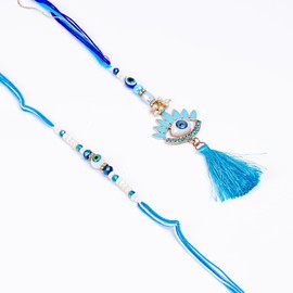 SAJTOX Designer Beaded Evil Eye Bhiya Bhabhi Rakhi Set for Indian Festivals (Rakshabandhan & Bhaidooj), Chuda Rakhi for Bhabhi & Bracelet Rakhi for Bhiya